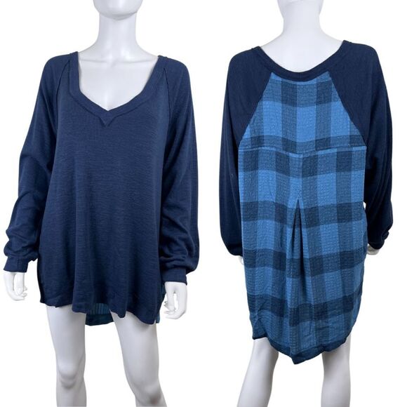 Pilcro Womens Size L Blue Plaid Cotton High Low Pullover NEW Tunic Sweatshirt - Picture 1 of 15